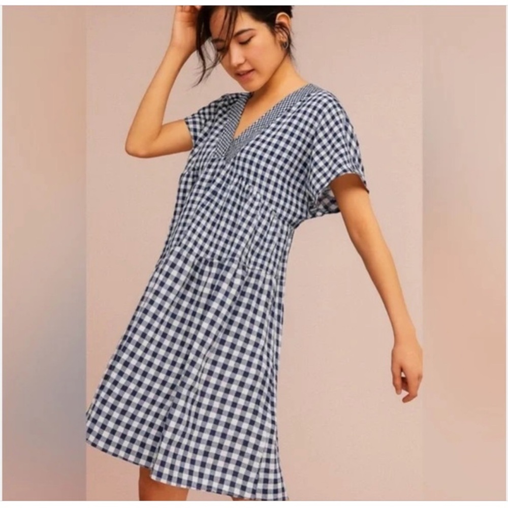 Anthropology Dark Blue Gingham Short Sleeve Dress NWT